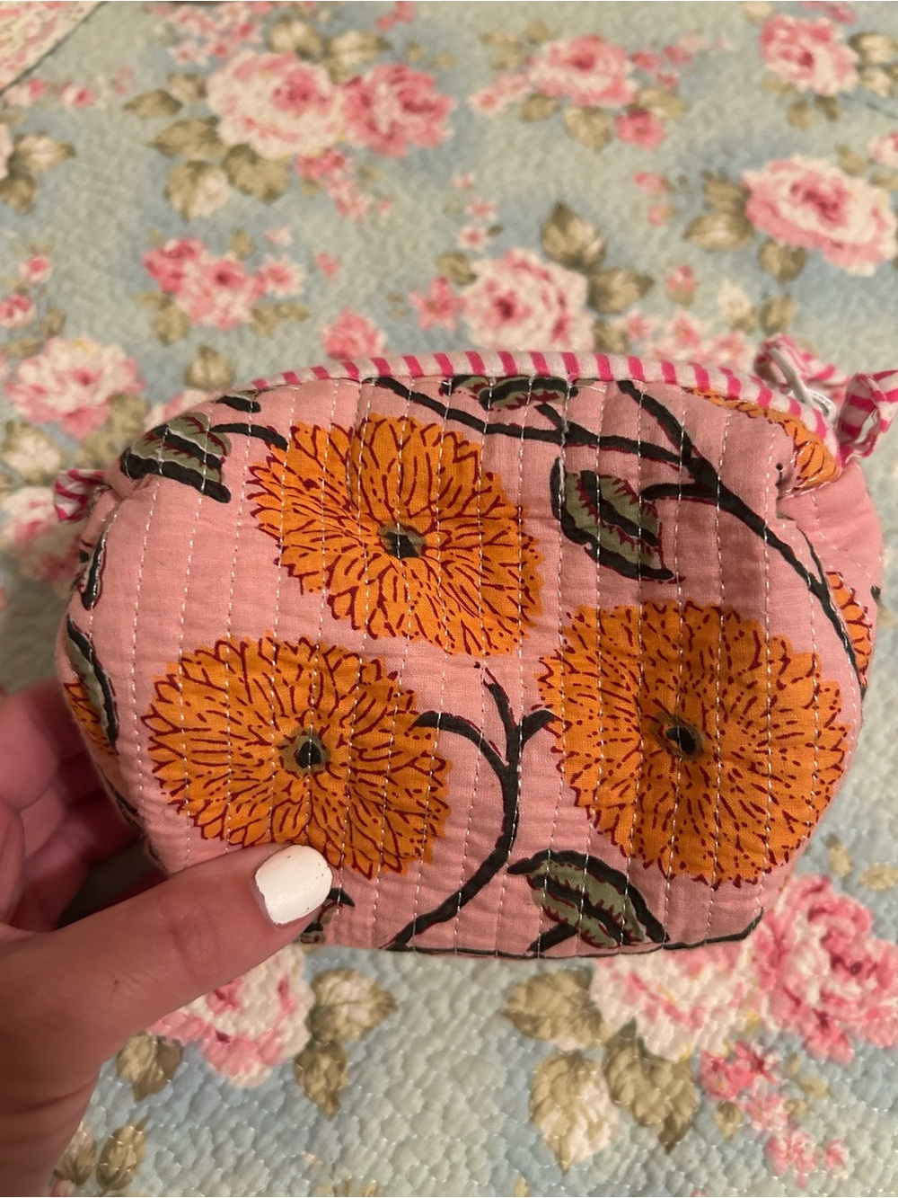 Quilted Pink Floral makeup Purse - Small Accessory Pouch